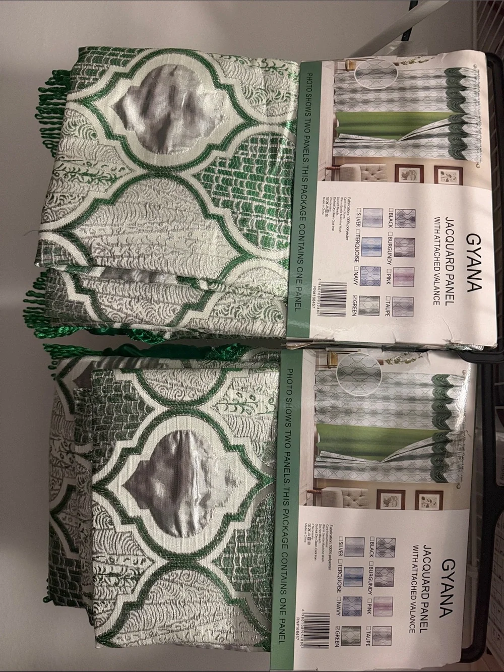 Emerald Green Jacquard Curtain Panel with Attached Valance